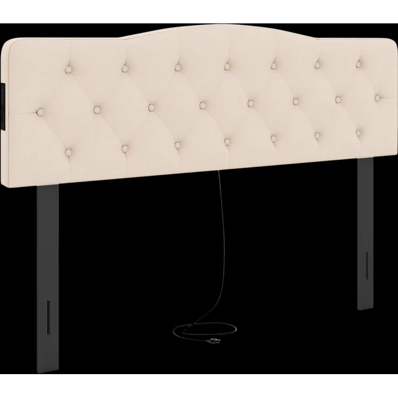 Costway Tufted Upholstered Headboard Queen Full Bed w/ 2 AC Outlets 57628302 New Beige