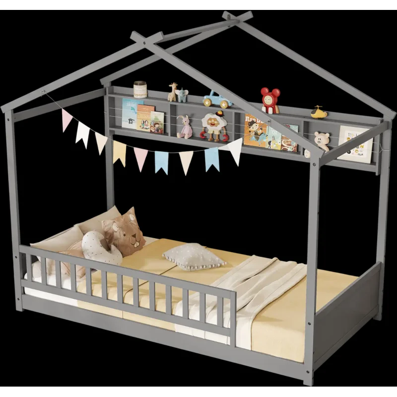Costway Twin House Bed Frame w/ Storage Shelf Headboard Gray 89367425 New Gray