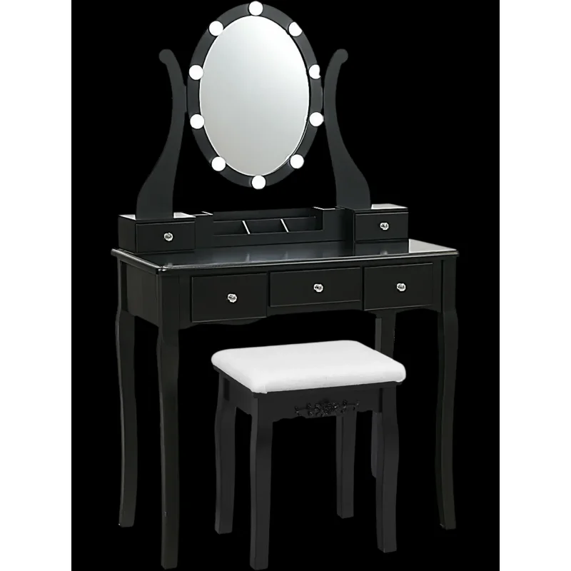 Costway Vanity Table Set Lighted Mirror 10 Dimmable Lights Cushioned Stool 25174930 New Black