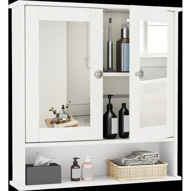 Costway Wall-Mounted Bathroom Mirror Storage Cabinet Double Door 98015374 New White