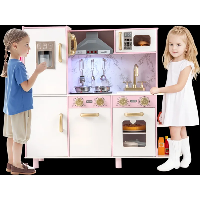 Costway Wooden Kids Kitchen Playset Ice Maker Sounds Pink 328469715 New