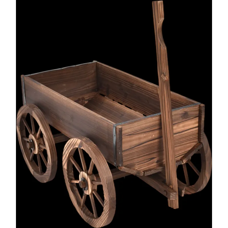 Costway Wooden Wagon Planter Pot Stand with Wheels 18462357 New