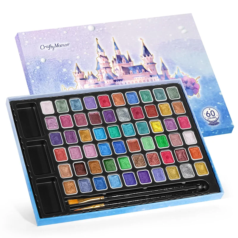 CraftyManor Mini Glitter Watercolor Paint Set with Paper, 60 Colors Shimmer Metallic Watercolour Painting Sets, Solid Pearl Water Color Paints, 1ml Trial Package(1ml 60 Colors)