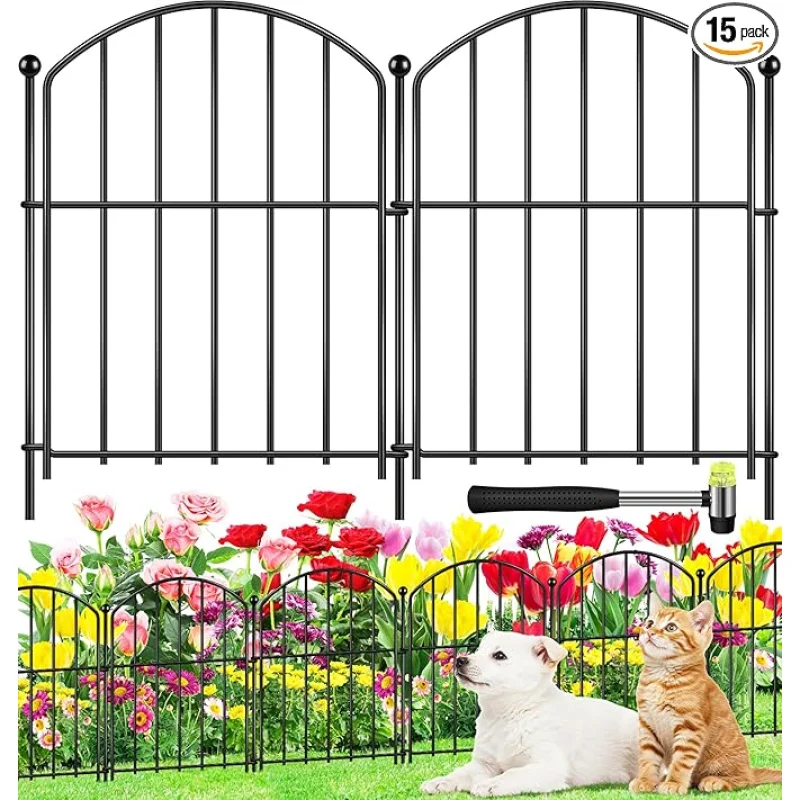 Decorative Garden Fence 17in (H) x15ft (L), Arched Rustproof Metal No Dig Fence for Dogs & Rabbit, Ornamental Animal Barrier for Flower Beds, Border Panels Fencing for Yard & Patio Outdoor Decor