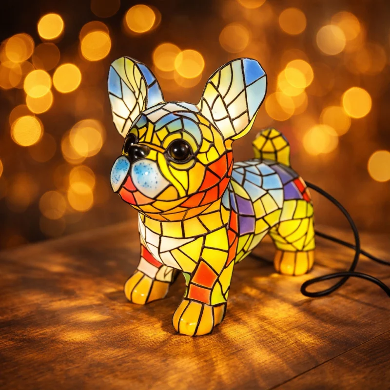 Decorative Table Lamp | Stained Glass Dog Figurine with Warm Glow | Compact Accent Light for Small Spaces