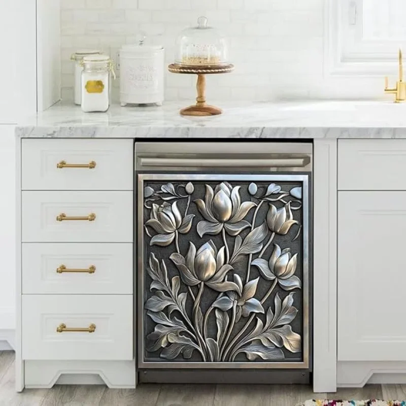 Dishwasher Magnet Cover Stainless Steel Look Flower Dishwasher Front Panel Decorative, Magnetic Appliance Cover Kitchen Decor Home Refrigerator Magnets Sticker 23" W x 26" H