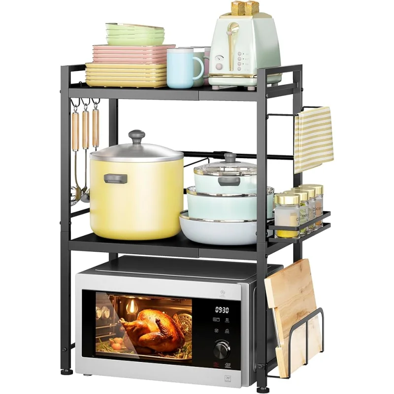 DOLALIKE Microwave Oven Rack, Expandable Microwave Stand Countertop Kitchen Utensils Tableware Storage, Carbon Steel Over Microwave Shelf Countertop with 6 Hooks