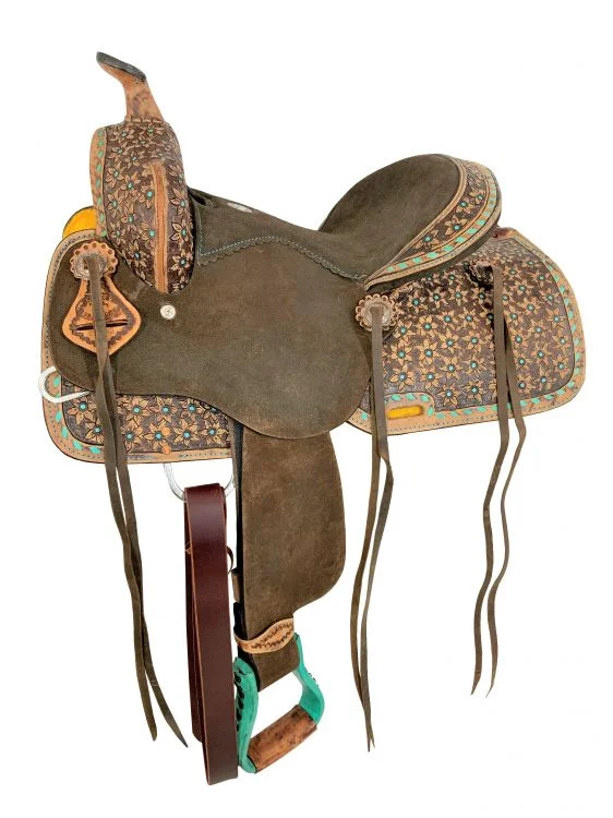 12″ Double T Barrel Style Saddle with Micro Flower Tooling and Buck Stitch