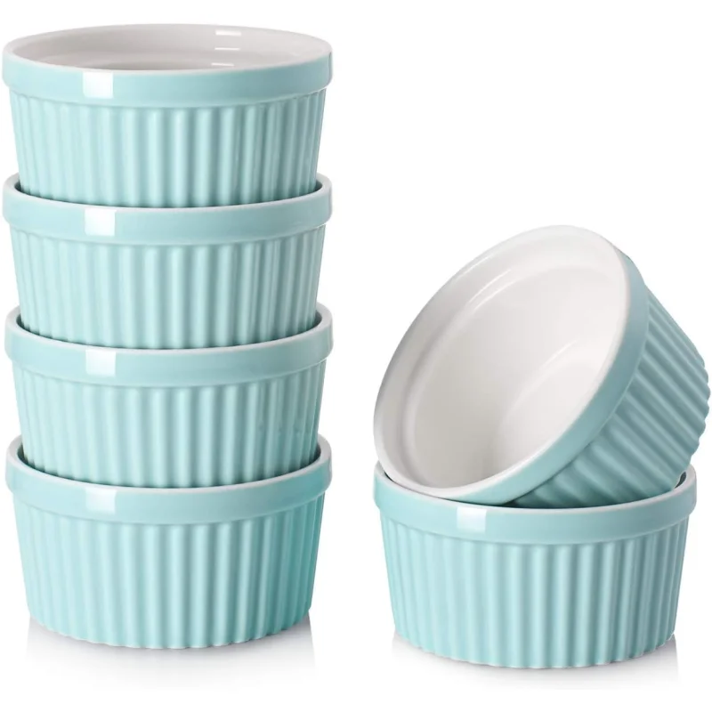 DOWAN 4 oz Ramekins - Ramekins for Creme Brulee Porcelain Ramekins Oven Safe, Classic Style Ramekins for Baking Souffle Ramekins Ramekins Bowls, Set of 6, Blue