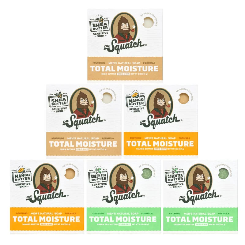 Dr. Squatch Total Moisture Natural Mens Bar SoapNon-Drying 2-in-1 Face + Body Soap BarPlant-Based Ingredients, Created for All Skin TypesGifts for Men5oz (6-Pack)