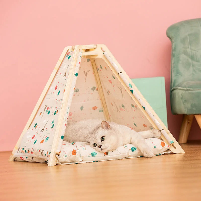 Durable Pet Tent for Cats with Wooden Frame & Cozy Interior | Machine Washable Hideaway for Comfortable Napping Beige