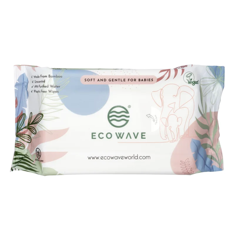 Eco Wave Baby Wipes, 100% Compostable Eco-Friendly Bamboo Wipes, Unscented, Hypoallergenic, Vegan, Alcohol-Free, Suitable For Sensitive Skin (Pack of 12)