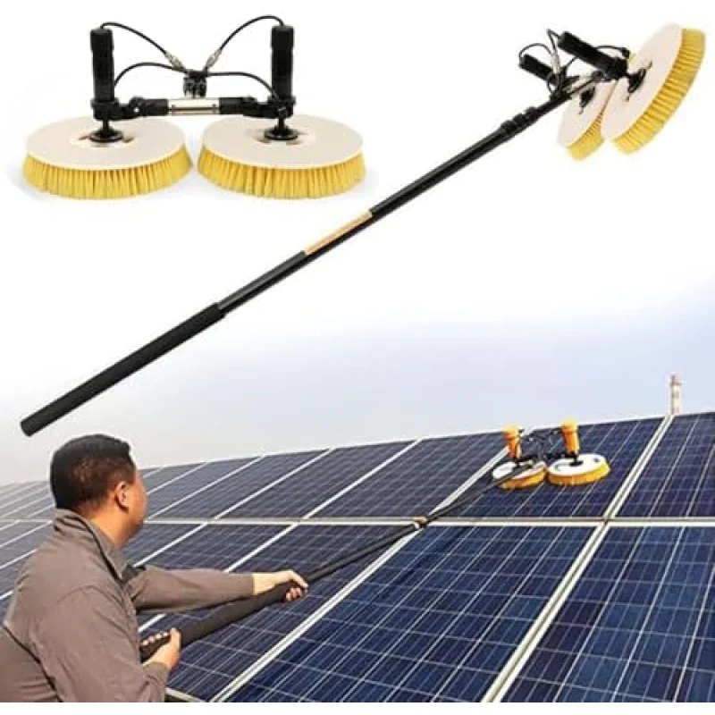 Electric Solar Panel Cleaning Brush with Telescopic Rod, 3.5M/5.5M/7.5M Automatic Water Sprayer, Roof Cleaning Tool, Battery-Powered, Double Disc Design - 5.5M (18ft)