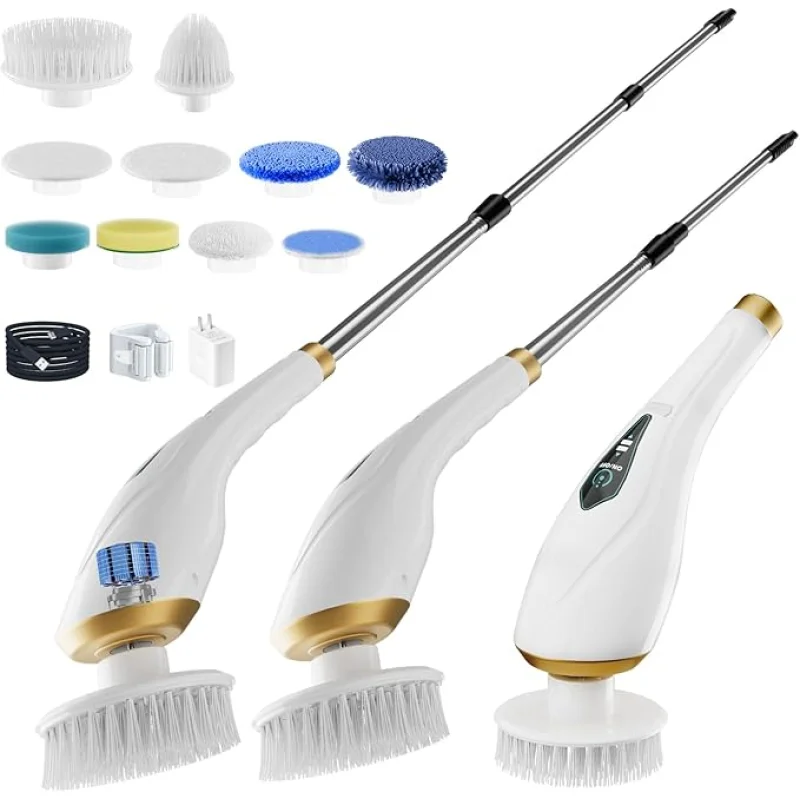 Electric Spin Scrubber Cordless Shower Cleaning Brush with 10 Replaceable Brush Heads, Extendable Handle Up to 59", 2 Speed, Waterproof, 2H Cleaning Time for Bathroom Shower Tile Glass Car
