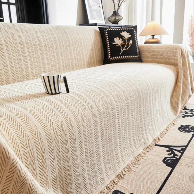 Elegant Chenille Sofa Cover | Herringbone Weave & Tassel Accents | Slipcover for Stylish Protection and Pet Hair Defense Beige