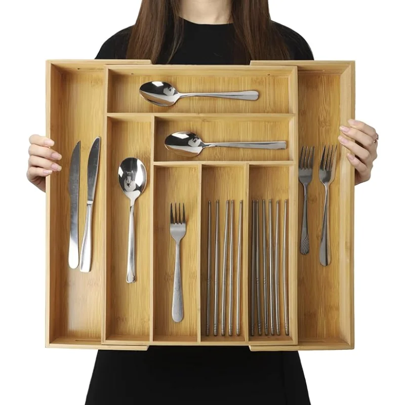 Expandable Bamboo Kitchen Drawer OrganizerSilverware Organizer, Utensil Holder & Cutlery Tray Drawer Dividers for Flatware (20"x16.9" Large Size, 8 Slot, Natural)