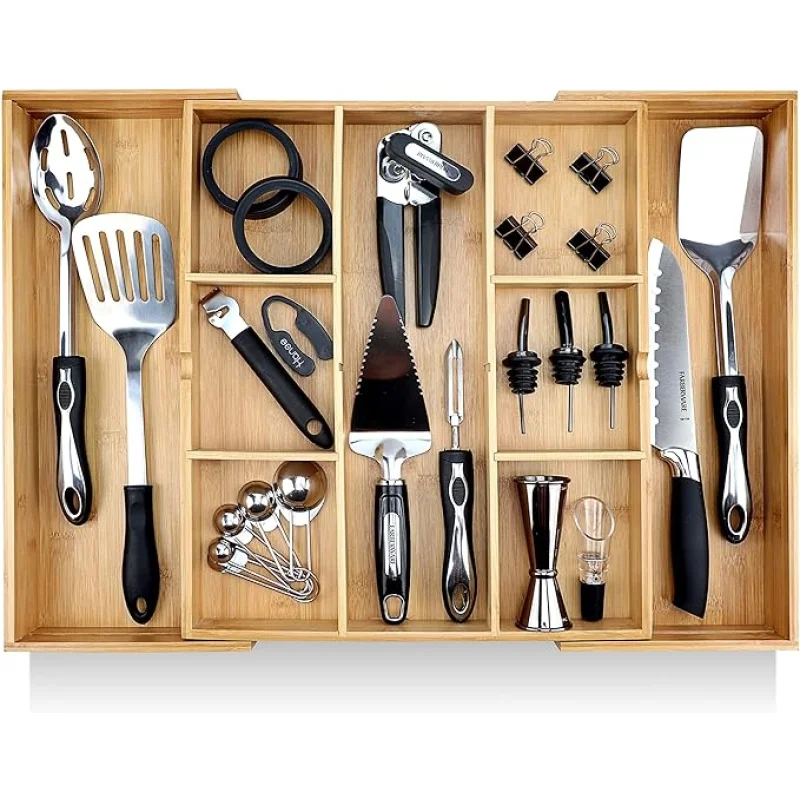 Expandable Drawer Organizers for Kitchen - Extra Deep Non-Slip 17 x 14.6 (expands up to 25 inches) - Dark Wooden Silverware Divider (10 Compartments)Organize Cooking Utensils