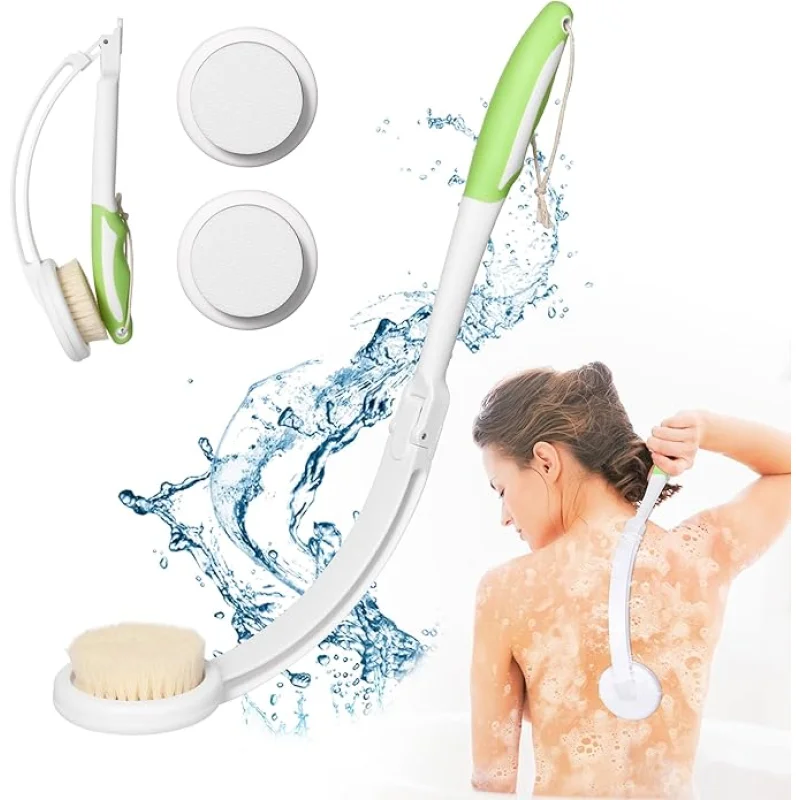 Fanwer 3 in 1 Lotion Applicator for Back Self Elderly & Back Bath Brush for Shower for Men and Women with Long Handle, 18.9in Curved Long Handled Shower Body Brush, Back Scrubber for Shower