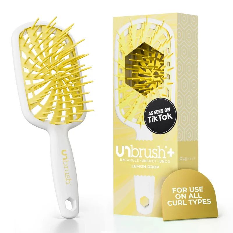 FHI Heat UNbrush PlusCurly Hair Brush for Gentle & Effective Detangling on Wet or Dry Fragile Hair TypesDetangler Brush w/ 84 UltraFlex Bristles, Ultra-light, Vented, Anti Static Hairbrush