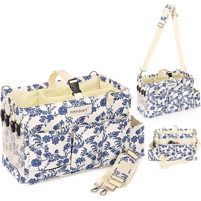 FifthStart Multiuse Large Blue Floral Diaper Caddy with Waist, Shoulder Strap, 9 Pockets, Mesh Base, and Adjustable Compartments