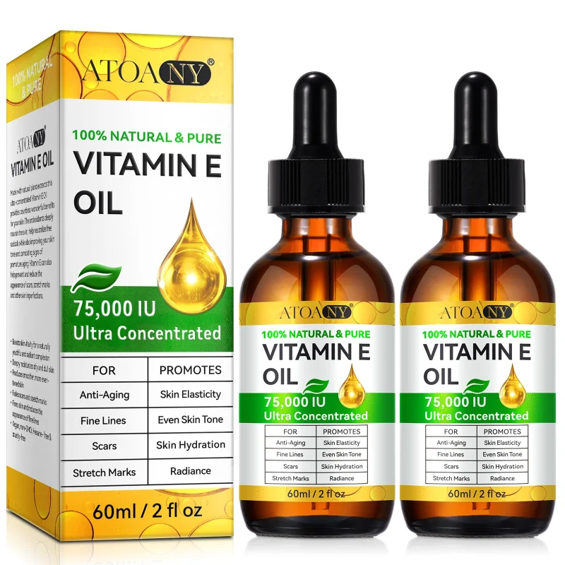 flasture Vitamin E Oil for Skin 75,000 IU2 Pack Vitamin E for Face, Hair, Scars, Nails, Ultra-Hydrating Body Oil for Dry Skin Wrinkles,Cold-Pressed, Non-GMO, Skincare Formula 2 Fl Oz