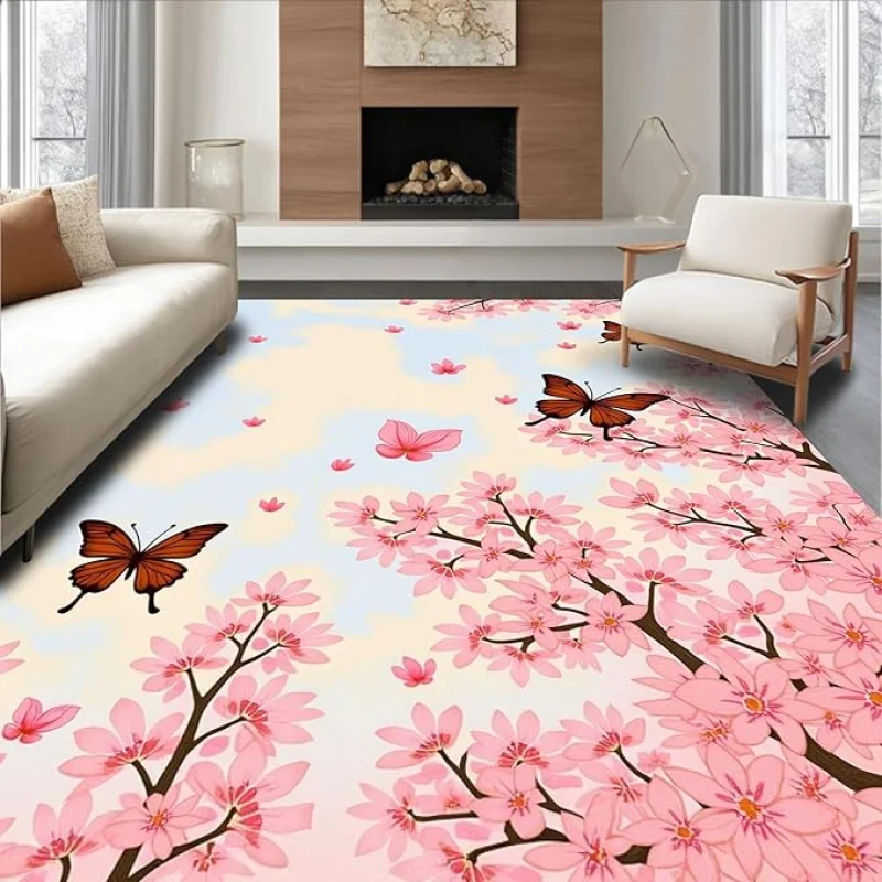 Flatwoven High Traffic Area Rug 6x9, Exquisite Springtime Blossom Shower Curtain Matching Suite, Non Slip, Stain Resistant, Washable Area Rugs for Living Room, Bedroom (Pink, 6x9)