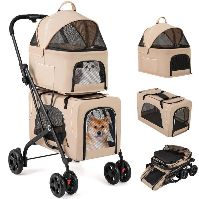 Giantex Double Dog Stroller for 2 Dogs, Detachable Carriers, Safety Belt, 4 Lockable Wheels, Pet Travel Carrier Strolling Cart, Folding Cat Stroller for Small Medium Pets Dogs (Beige)