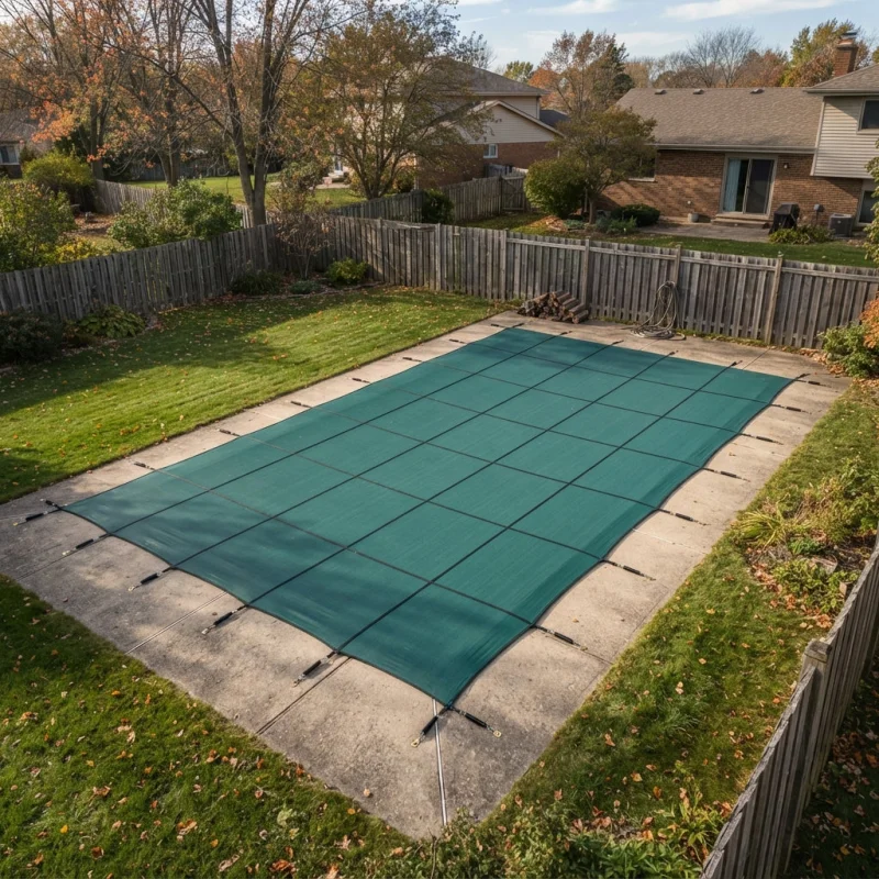 GLI Secur-A-Pool 16' x 32' Rectangular Mesh Safety CoverCenter End Step (4' x 8') Blue