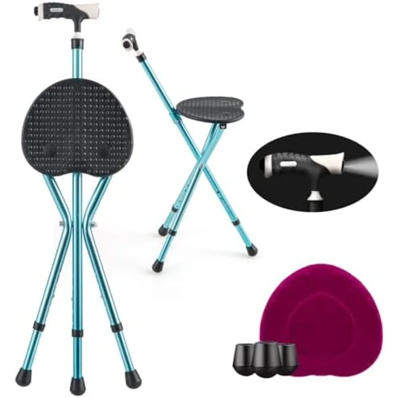 Goplus Walking Cane with Seat, Heavy Duty Aluminum Alloy Crutch Chair with LED Light and Retractable 3 Legs, Portable Anti-Slip Seat Cane, Lightweight Walking Stick for Seniors Elderly