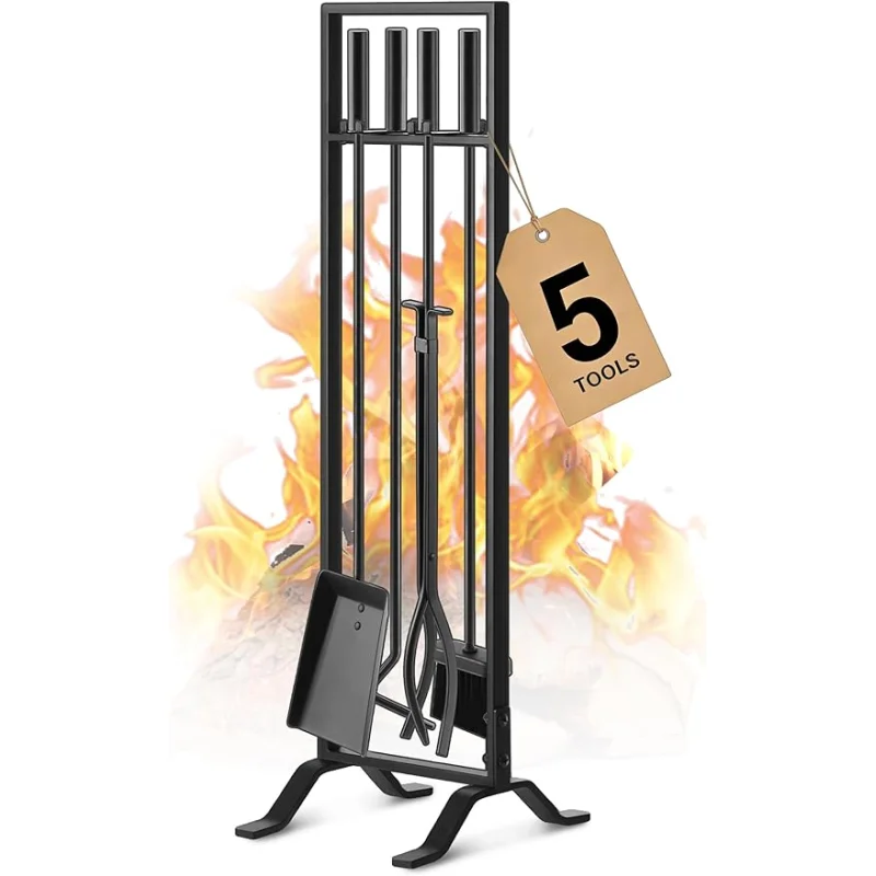 Gtongoko Premium 5 Pcs Wrought Iron Fireplace Tools Set for Outdoor/Indoor,Fire Place Set Tools Include Poker,Tongs, Shovel,Brush and Stand Accessories Set,Black