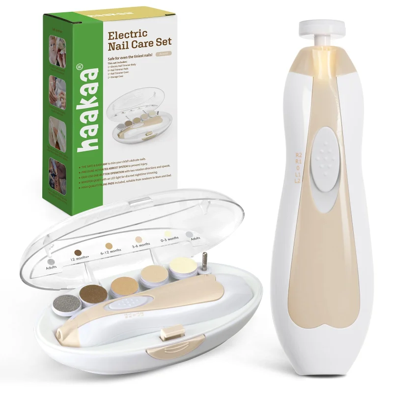 haakaa Baby Nail Care Electric Baby Nail File Kit with LED Light, Baby Nail Clippers for Newborn/Infants/Adults Toenails and Fingernails, 6 Replacement Heads & Storage Case, Acorn
