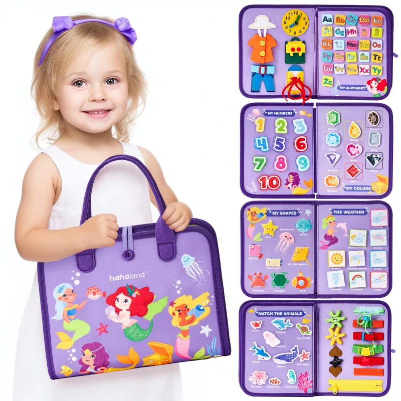 hahaland Busy Board Montessori Toys - 3 Year Old Girl Gifts Bithday Gift Ideas - 8 in 1 Preschool Learning Activities - Christmas Toddler Stocking Stuffers Gifts