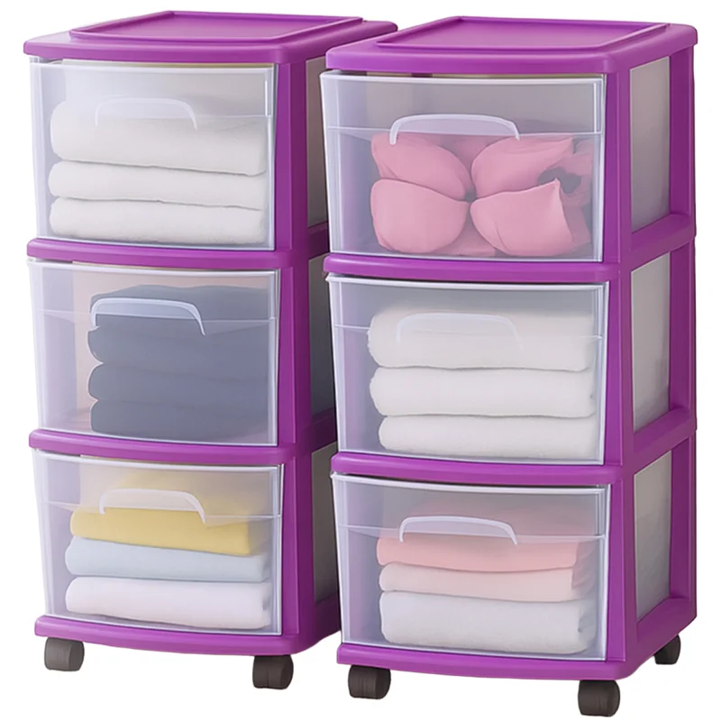 Homz Plastic 3 Drawer Medium Storage Container Tower, Purple Frame (2 Pack)