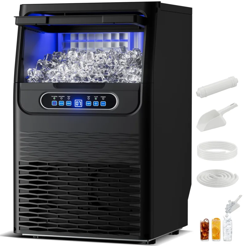 Ice Maker Commercial Ice Machine 70Lbs/Day Freestanding Stainless Steel Upon Counter Ice Maker with Scoop Water Filter Pipes for Restaurant Offices Bars Home(70 Lbs/24)