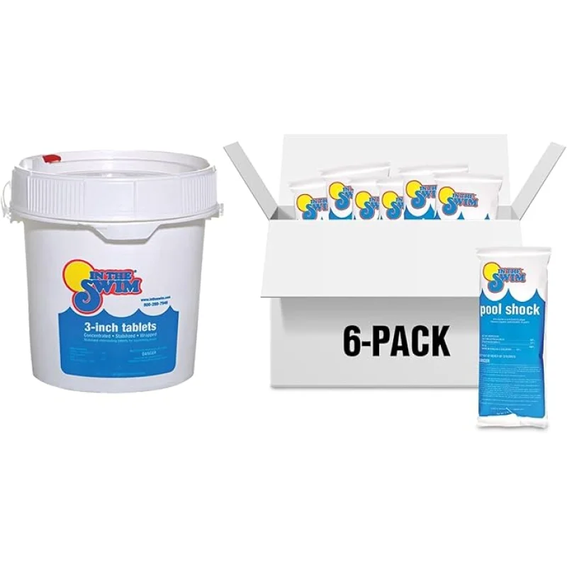 In The Swim Chlorine and Shock Bundle for Sanitizing Swimming PoolsIncludes 5 Pound Bucket of 3 Inch Stabilized Chlorine Tablets and 6 x 1 Pound Bags of 68% Cal-Hypo Pool Shock