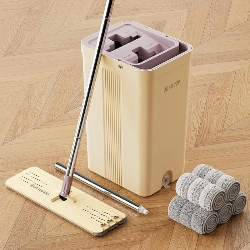 JOYMOOP Mop and Bucket Set (Beige & Blush Brown) with Extension Handle, Ideal for Floor, Window, and Wall Cleaning - Includes 5 Washable Microfiber Pads for Wet and Dry Use
