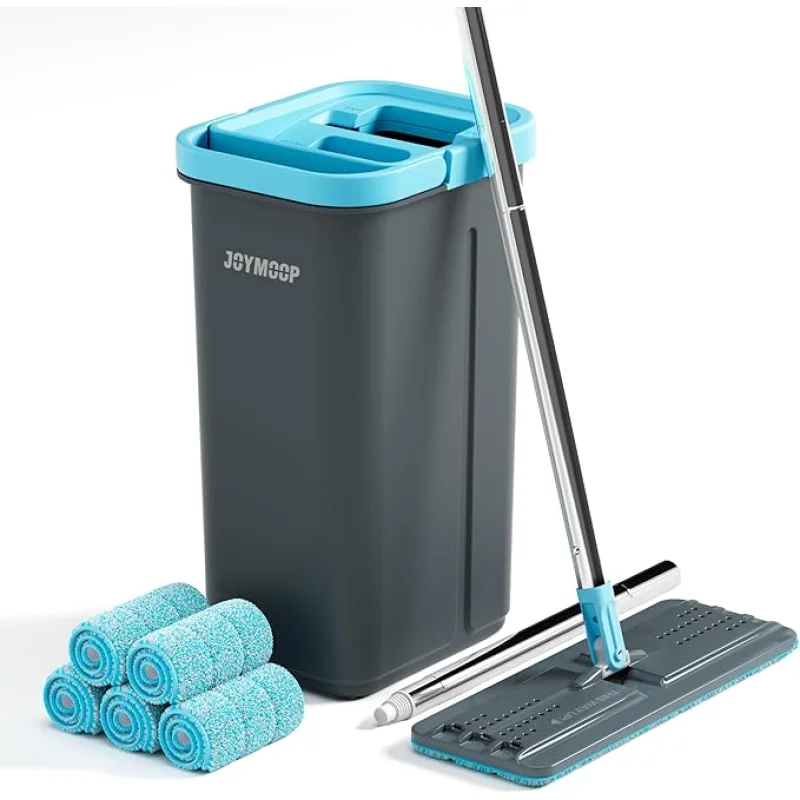 JOYMOOP Mop and Bucket Set with Wringer, with 5 Reusable Microfiber Mop Pads, Mops for Floor Cleaning and Wall Cleaning, Hands-Free Flat Mop for Home Use - Grey+Cyan Blue