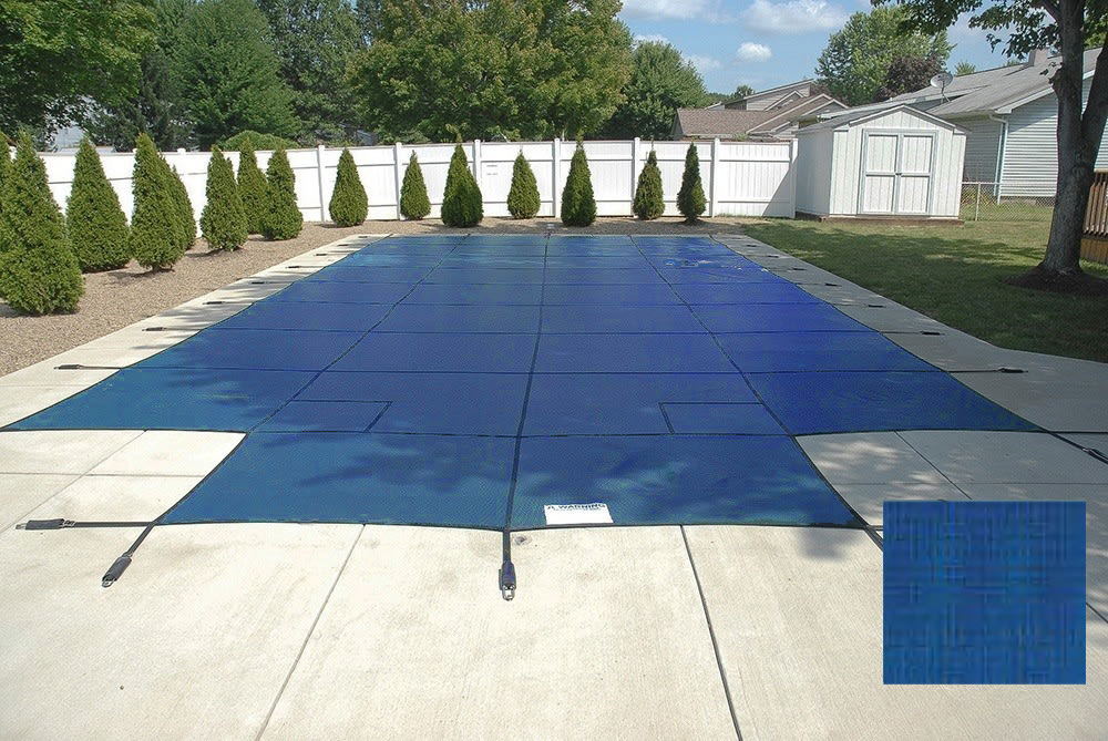PoolTux 12' x 24' King Light Weight Solid Safety Cover, Center End Step, Blue, 15 Yr. Warranty