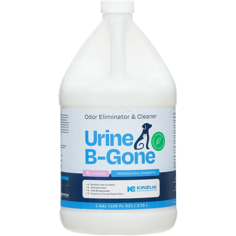 KINZUA ENVIRONMENTAL Urine B-Gone, Professional Enzyme Odor Eliminator & Pet Stain Remover, Human, Cat & Dog Urine Cleaner, Effective on Laundry, Carpets & More, Lavender Scent, 1 Gallon