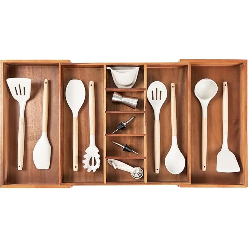 KitchenEdge Adjustable Kitchen Drawer Organizer for Utensils and Junk, Food-Safe Contract Grade with 100% Sustainable Wood, Non-Slip, Expandable from 18.5 to 33 Inches Wide - Natural Acacia