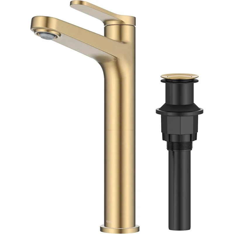 KRAUS Indy Bathroom Faucet for Vessel Sink in Spot-Free Brushed Brass with Single Handle, Pop Up Drain and Supply Lines, KVF-1410SFBB