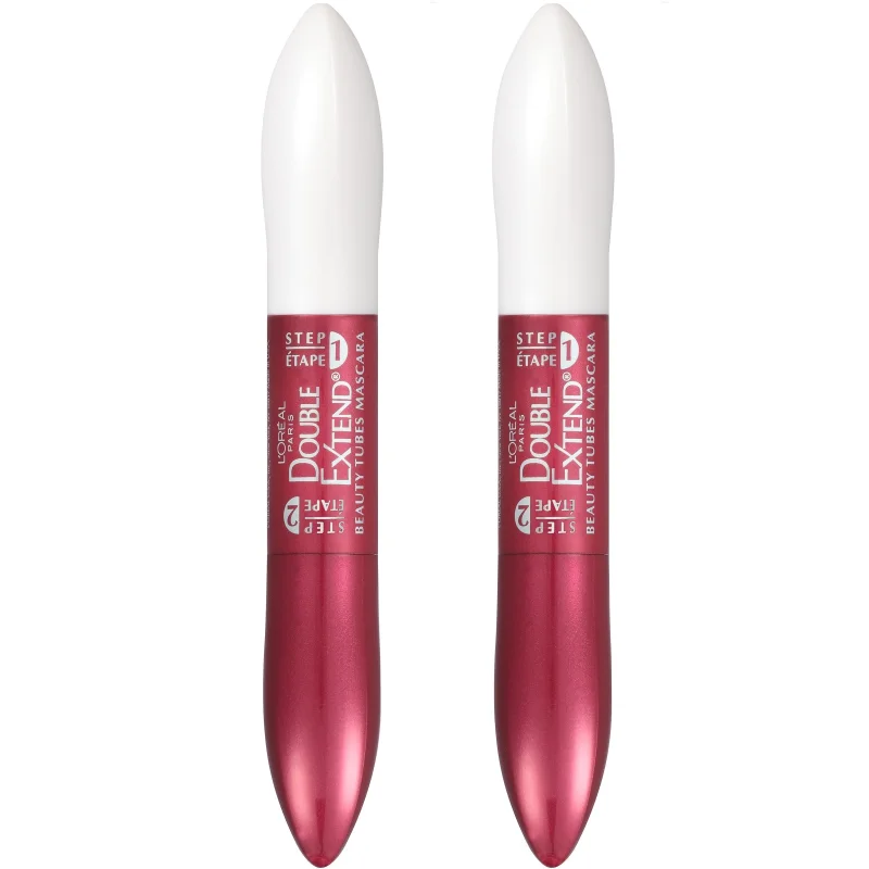 L'Oreal Paris Makeup Double Extend Tubing Mascara, Lengthening 2 Step Mascara, Smudgeproof, Black, Pack of 2
