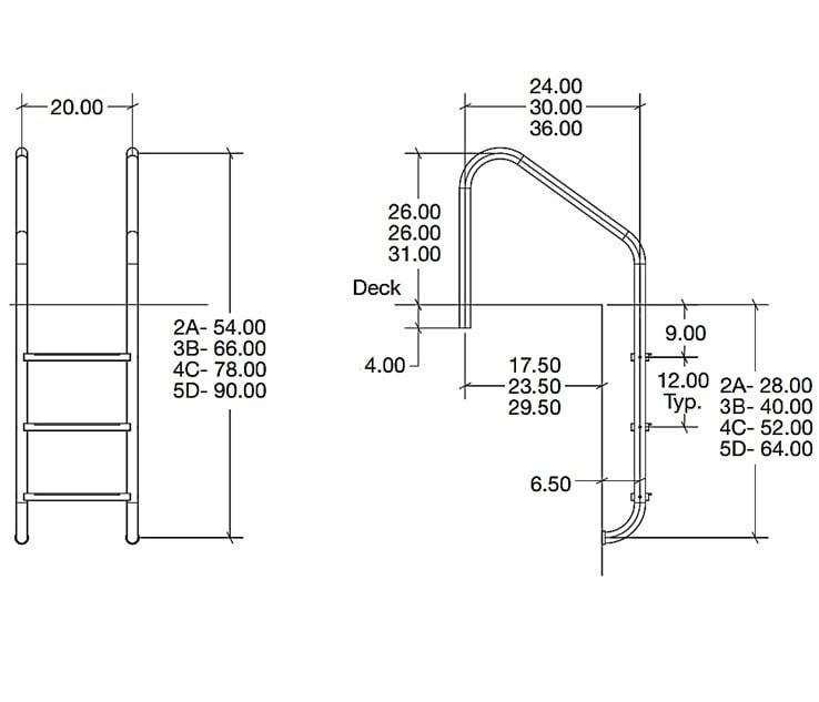 30" Commercial Ladder, 4-step - Marine Grade