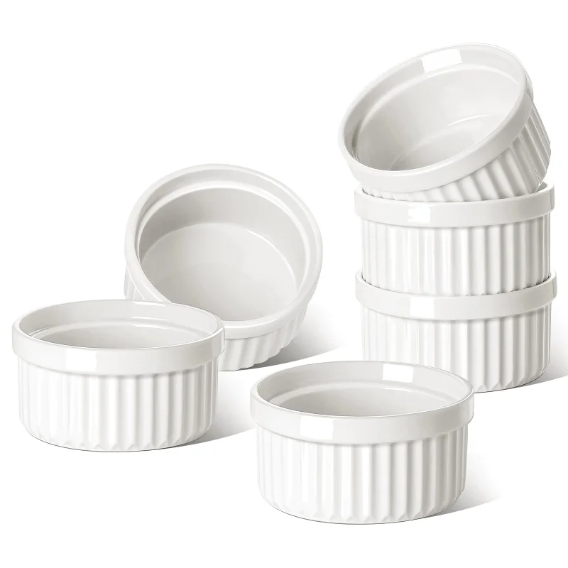 LE TAUCI Ramekins 6 OZ, Ceramic Souffle Dishes, Oven Safe Custard Cups for Baking, Creme Brulee, Pudding, Dessert, Microwave & Dishwasher Safe, Set of 6, White