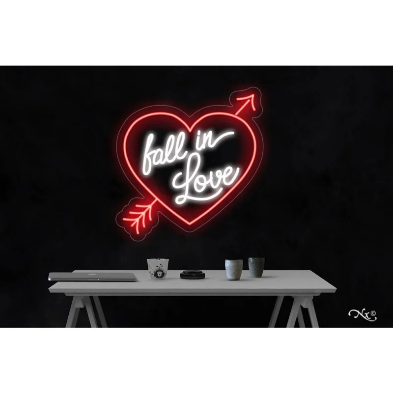 LED Flex Neon Sign - fall in Love / Size: 23"W x 24"H x 1"D / 12 Font Color Options: Dark Blue, Gold, Green, Hot Pink, Light Blue, Light Pink, Orange, Purple, Red, Warm White, White and Yellow