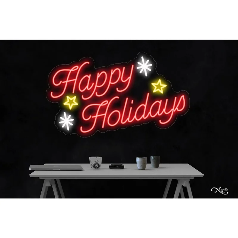 LED Flex Neon Sign - Happy Holidays / Size: 32"W x 20"H x 1"D / 12 Font Color Options: Dark Blue, Gold, Green, Hot Pink, Light Blue, Light Pink, Orange, Purple, Red, Warm White, White and Yellow