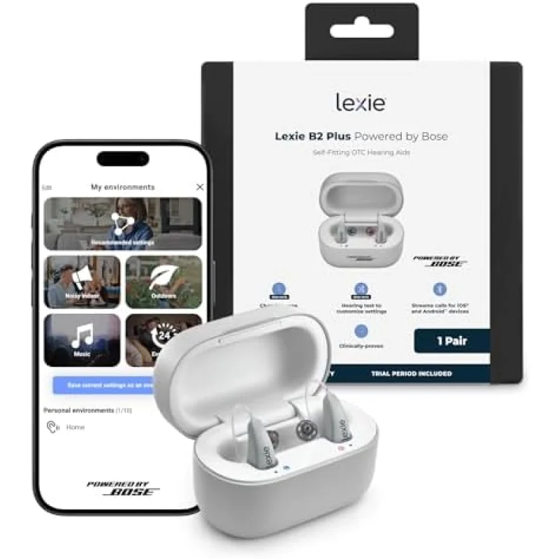 Lexie B2 Plus Powered by Bose - Self-Fitting Rechargeable OTC Hearing Aids for Mild to Moderate Hearing Loss in Adults and Seniors - Clear Sound - Wireless Charging Case - Bluetooth-Enabled - Gray