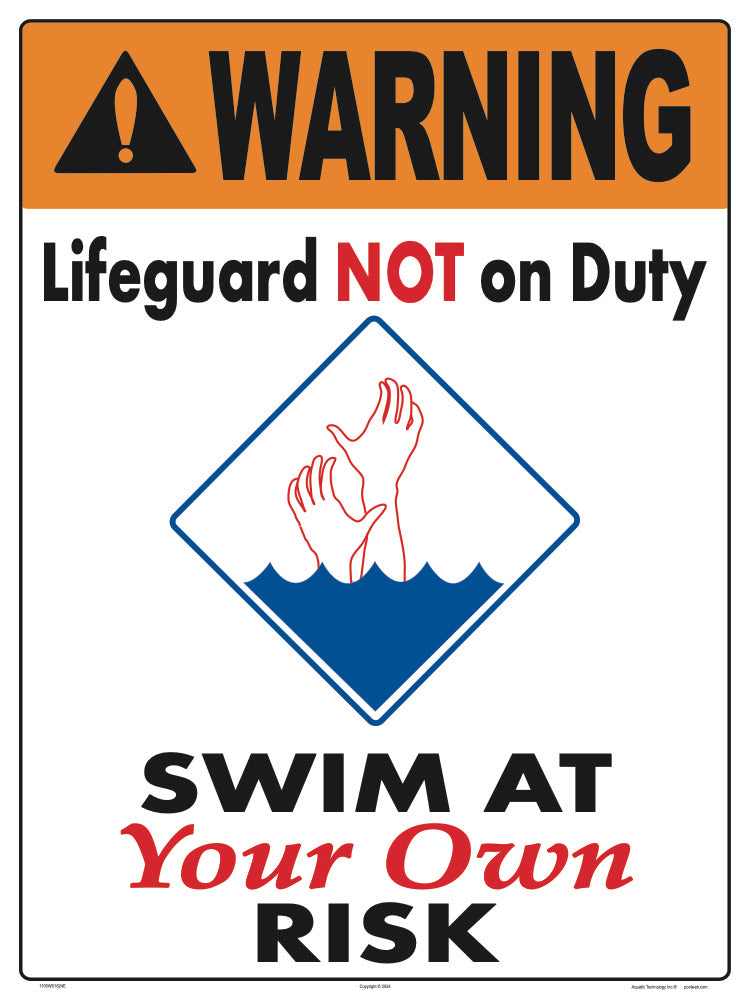 Swim at Your Own Risk Warning Sign (No Lifeguard) - 18 x 24 Inches on Heavy-Duty Aluminum