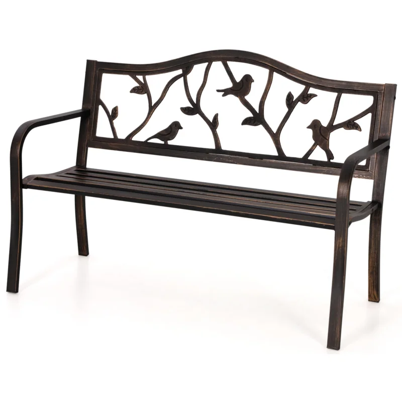 MFSTUDIO 50" Outdoor Garden Bench, Patio Metal Frame Park Bench with Bird Pattern Backrest for Porch, Lawn, Deck(Bronze)
