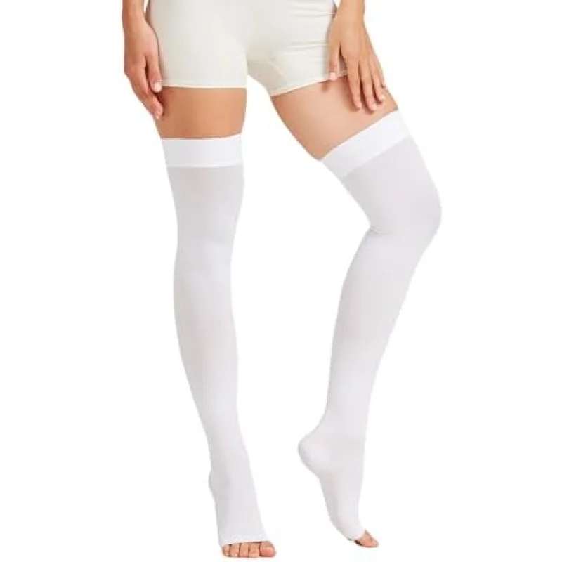 MGANG Medical Thigh High Compression Stockings for Men & Women, Pair, Open Toe, 15-20 mmHg Graduated Compression Support Hose, Opaque, Best for Varicose Veins, Edema, Flight, DVT, Swelling, White XL
